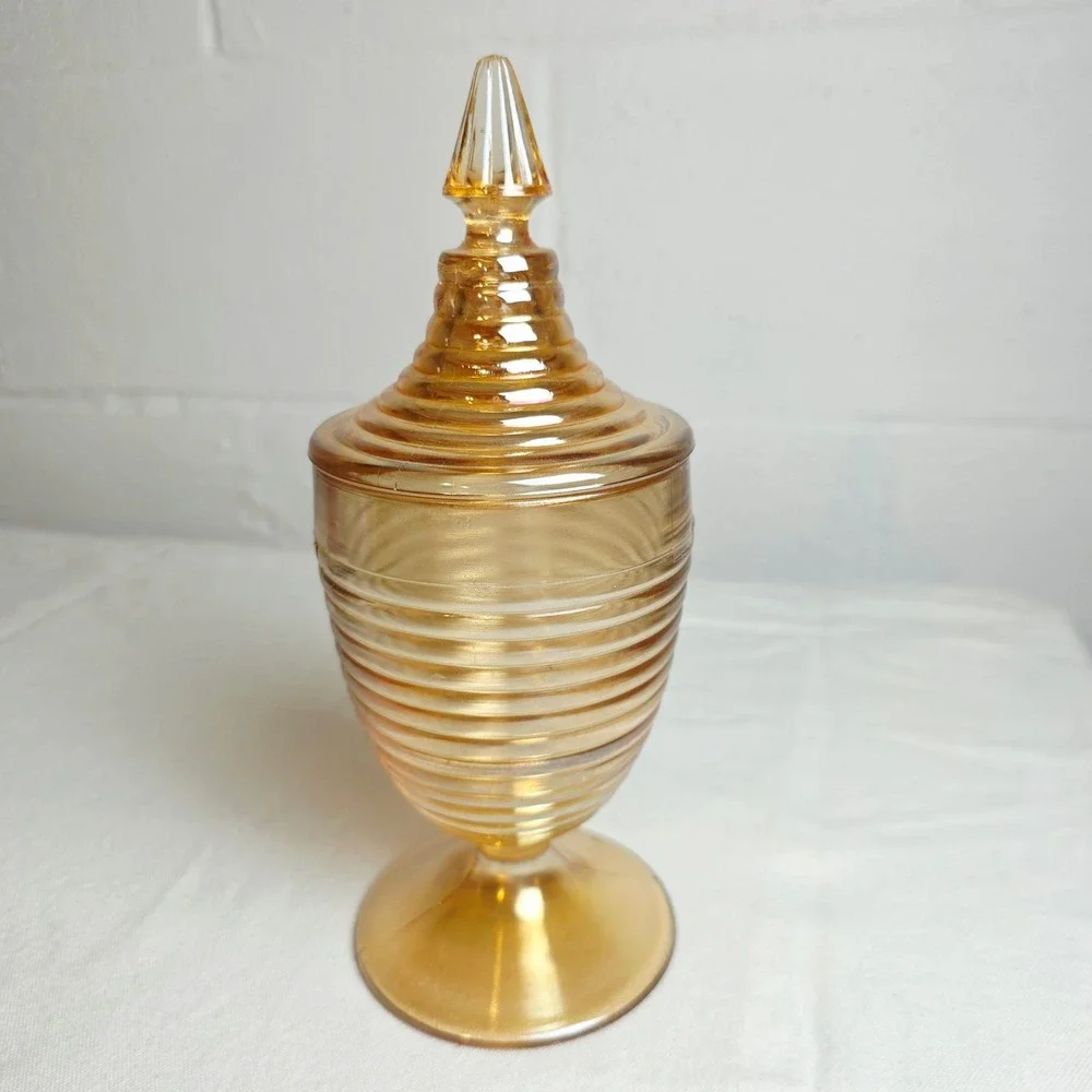 Vintage Marigold Carnival Glass Ribbed Beehive Lidded Candy Dish Footed Jar MCM